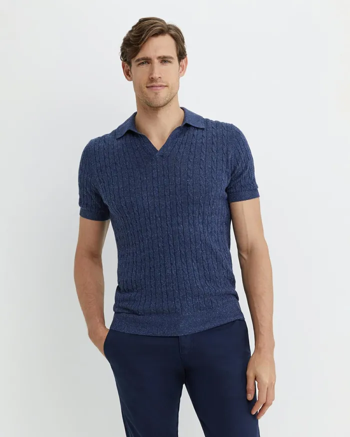 Men Sportscraft TShirts and Polos Murrinar Cable Knit Polo Dark Blue Melange
