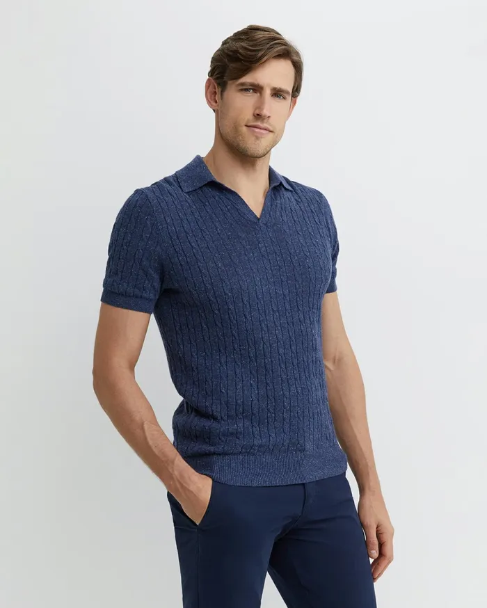 Men Sportscraft TShirts and Polos Murrinar Cable Knit Polo Dark Blue Melange