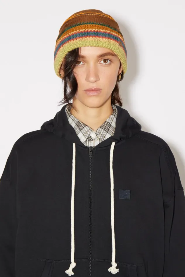Men Stripe Knit Beanie Cinnamon Brownmulti Acne Studios Hats