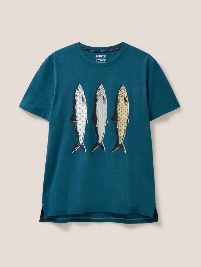 Men TSHIRTS White Stuff Pattern Fish Graphic Tshirt Mid Teal
