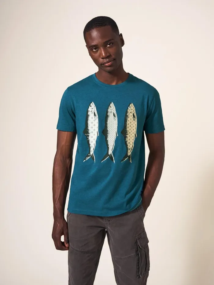 Men TSHIRTS White Stuff Pattern Fish Graphic Tshirt Mid Teal