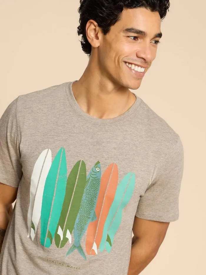 Men TSHIRTS White Stuff Scaling Waves Graphic Tee Grey Print Men TSHIRTS White Stuff Scaling Waves Graphic Tee Grey Print