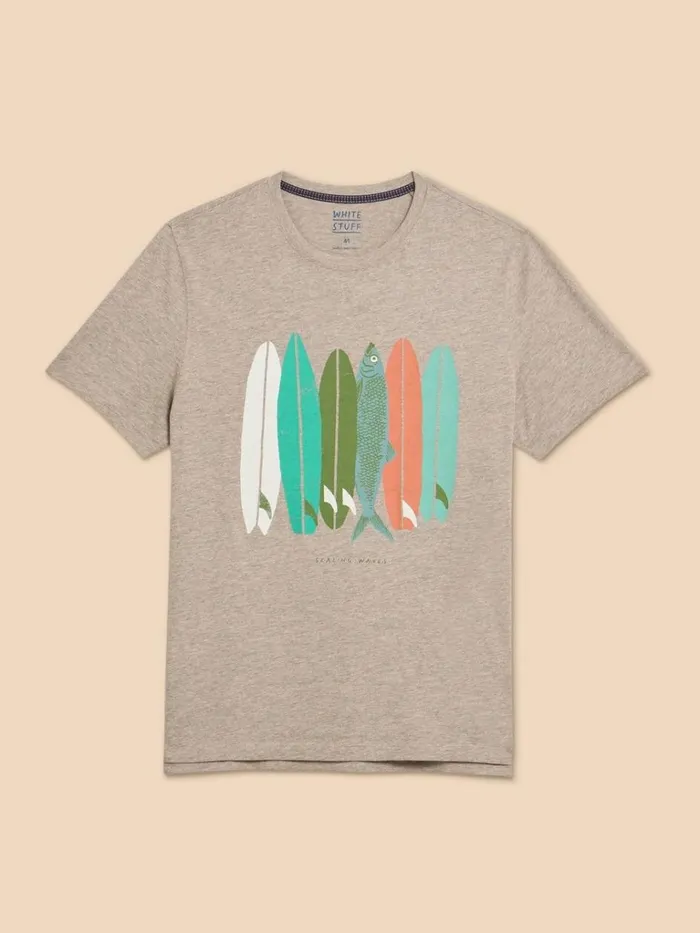 Men TSHIRTS White Stuff Scaling Waves Graphic Tee Grey Print Men TSHIRTS White Stuff Scaling Waves Graphic Tee Grey Print