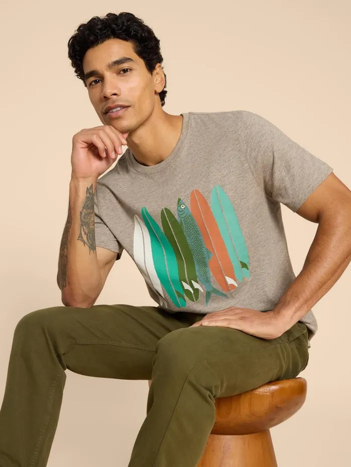 Men TSHIRTS White Stuff Scaling Waves Graphic Tee Grey Print Men TSHIRTS White Stuff Scaling Waves Graphic Tee Grey Print