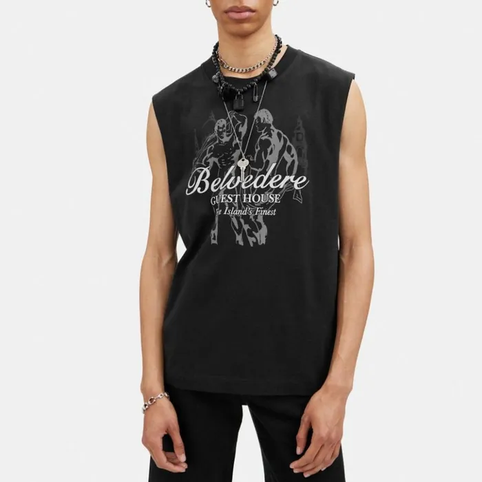 Men Tank Top With Belvedere Guest House Graphic Washed Black Coach Tops and Bottoms Men Tank Top With Belvedere Guest House Graphic Washed Black Coach Tops and Bottoms