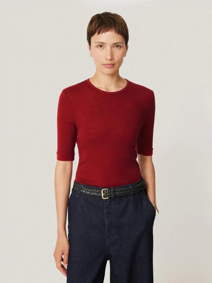 Merino Half Sleeve Tshirt Red Women Jigsaw Shirts and Tops