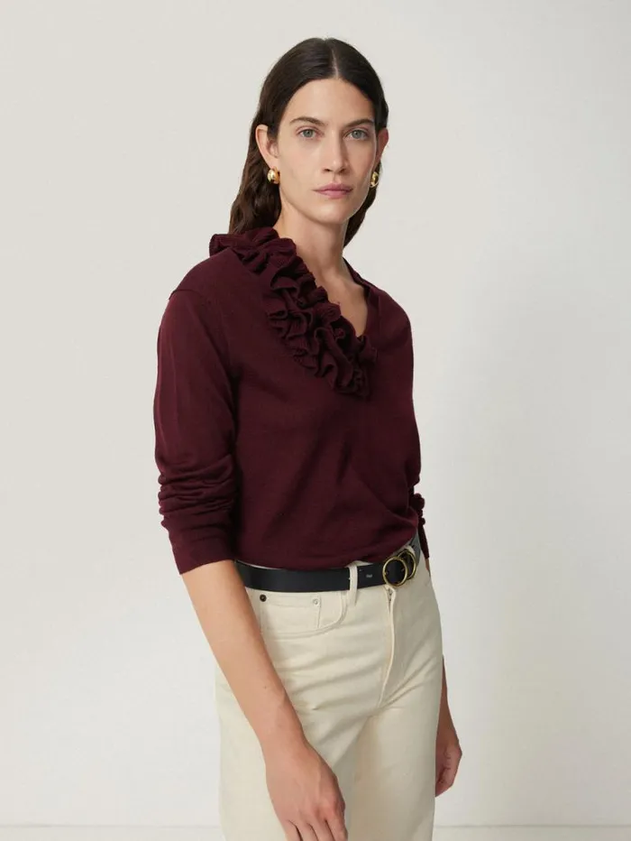 Merino Ruffle V Neck Jumper Burgundy Women Jigsaw Party
