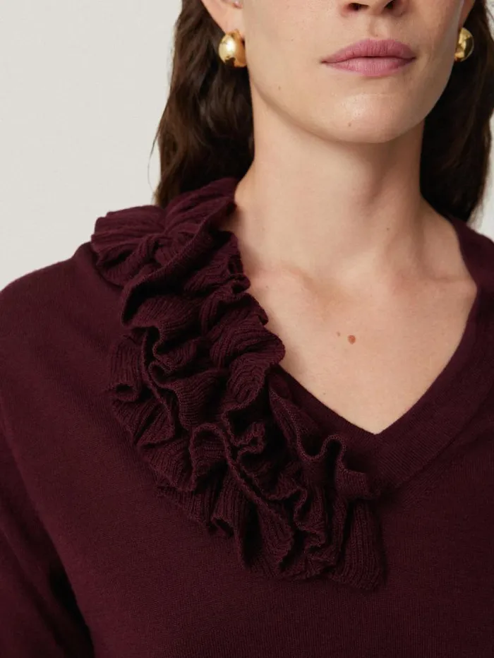 Merino Ruffle V Neck Jumper Burgundy Women Jigsaw Party