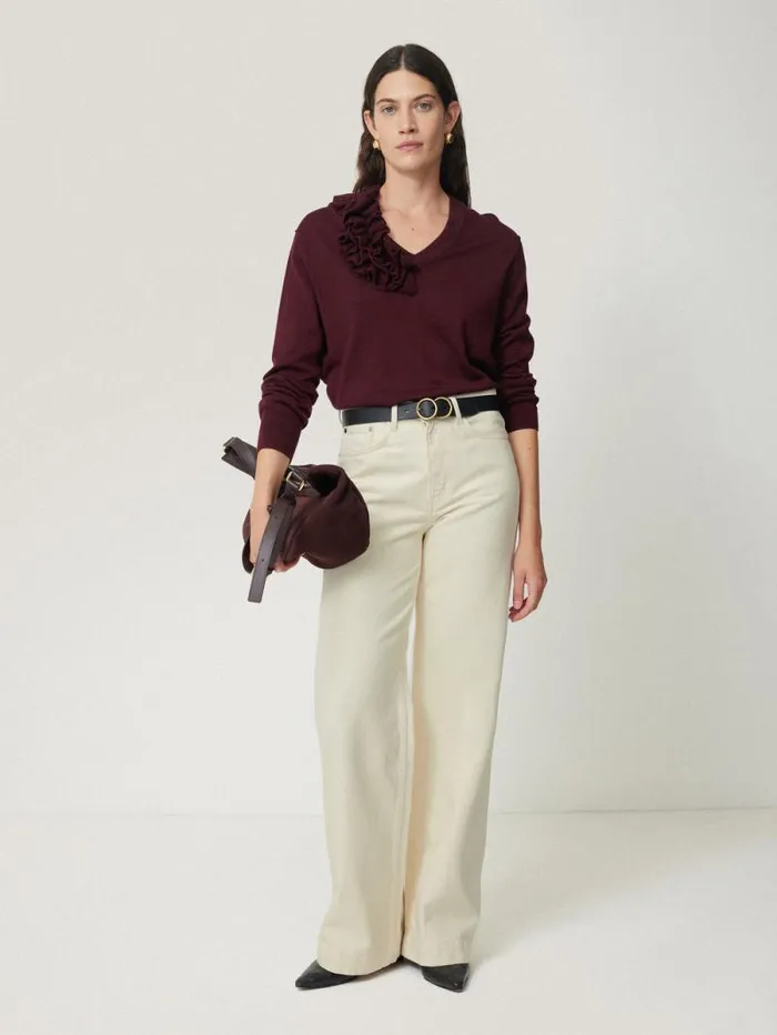 Merino Ruffle V Neck Jumper Burgundy Women Jigsaw Party