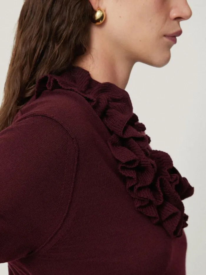 Merino Ruffle V Neck Jumper Burgundy Women Jigsaw Party