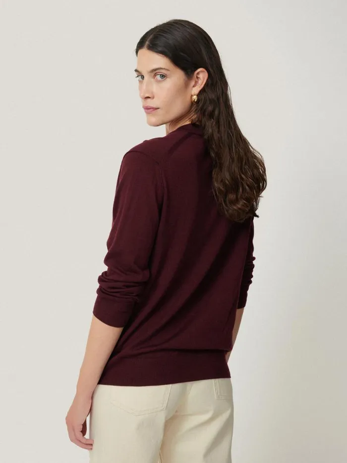 Merino Ruffle V Neck Jumper Burgundy Women Jigsaw Party