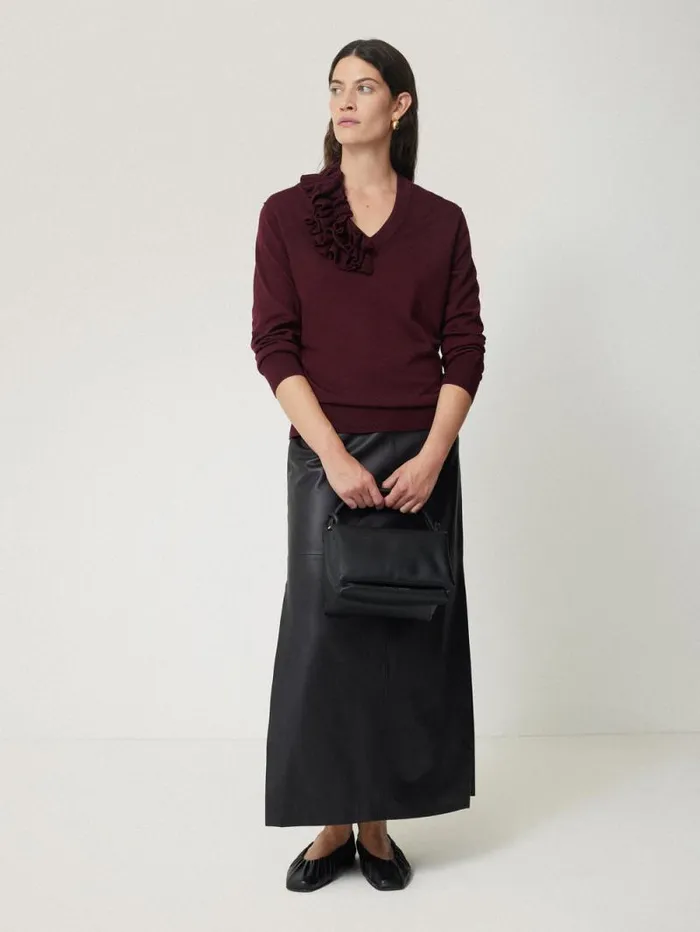 Merino Ruffle V Neck Jumper Burgundy Women Jigsaw Party