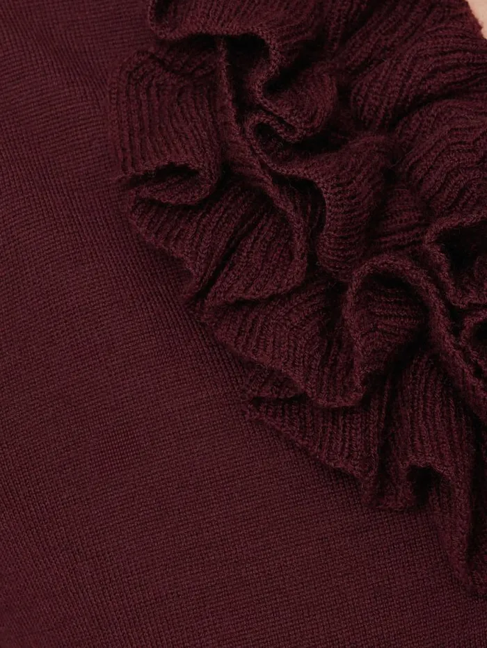 Merino Ruffle V Neck Jumper Burgundy Women Jigsaw Party