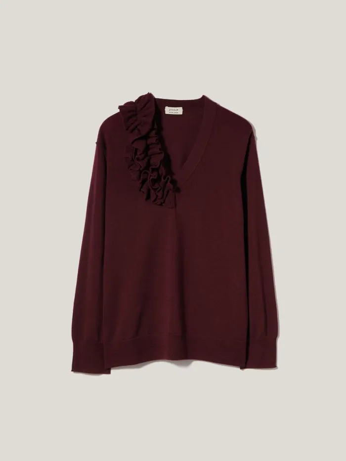 Merino Ruffle V Neck Jumper Burgundy Women Jigsaw Party