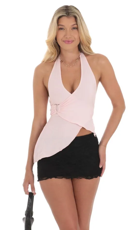 Mesh Faux Wrap Halter Top Pink Women LUCY IN THE SKY Tops