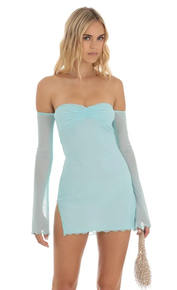 Mesh Off Shoulder Bodycon Dress Blue Women LUCY IN THE SKY Mini Dresses Mesh Off Shoulder Bodycon Dress Blue Women LUCY IN THE SKY Mini Dresses
