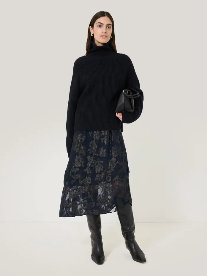 Metallic Jacquard Midi Skirt Navy Women Jigsaw Coords