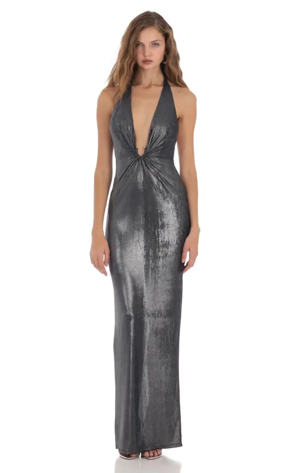 Metallic Plunge Neck Dress Navy Women LUCY IN THE SKY Maxi Dresses
