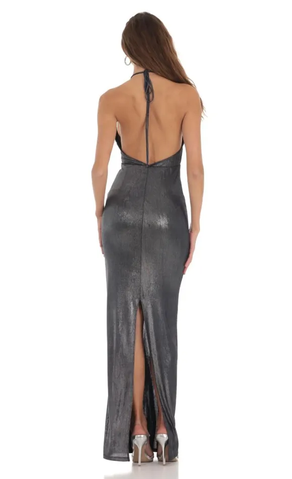 Metallic Plunge Neck Dress Navy Women LUCY IN THE SKY Maxi Dresses