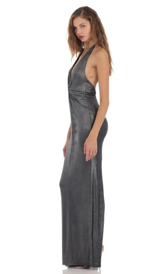Metallic Plunge Neck Dress Navy Women LUCY IN THE SKY Maxi Dresses