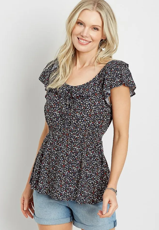 Navy Daisy Flutter Sleeve Blouse Women Maurices Tops