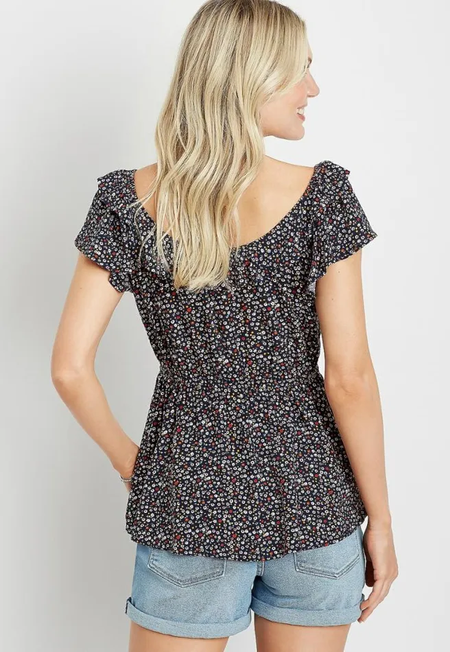 Navy Daisy Flutter Sleeve Blouse Women Maurices Tops