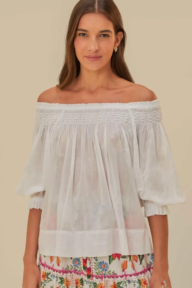 OffWhite Blue Yard Short Sleeve Blouse Women FARM Rio Blouses