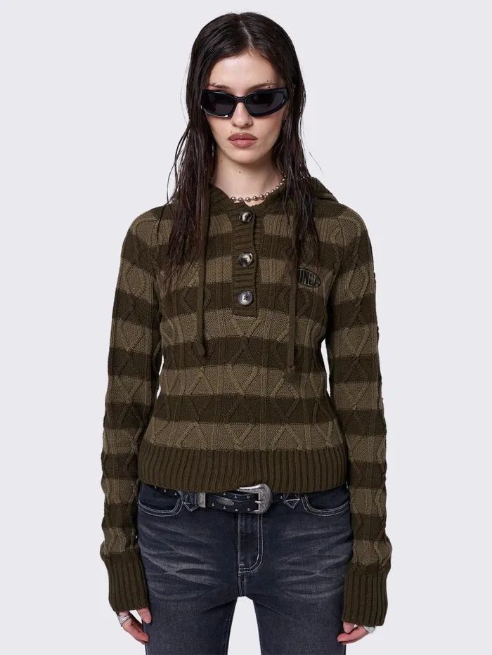 Olive Striped Knitted Hoodie Women Minga London Knitwear