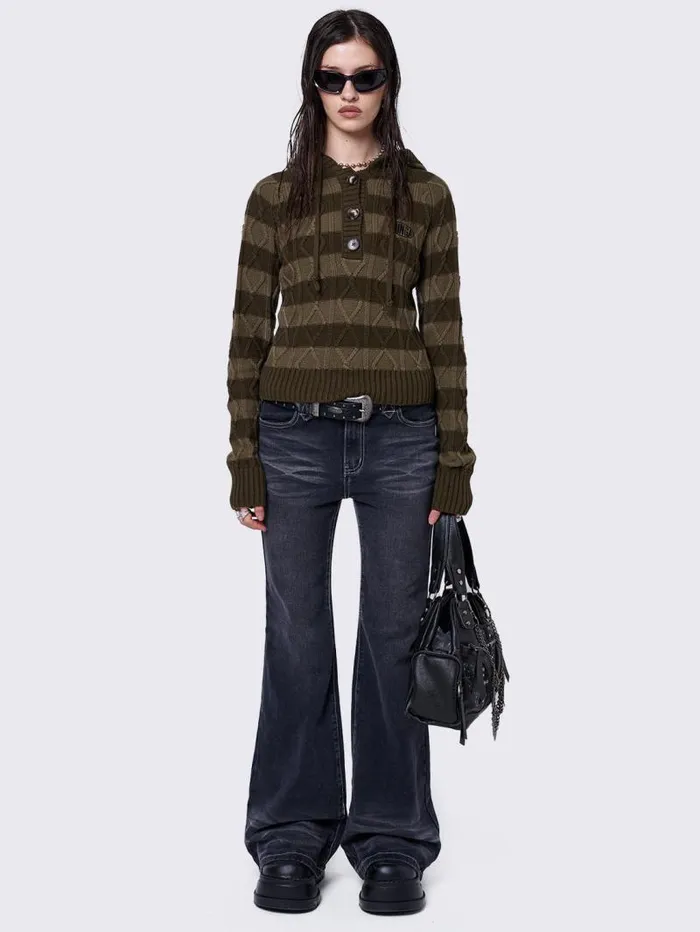 Olive Striped Knitted Hoodie Women Minga London Knitwear