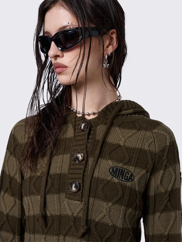 Olive Striped Knitted Hoodie Women Minga London Knitwear
