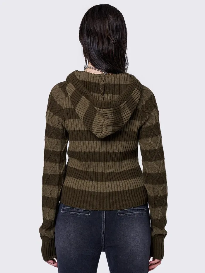 Olive Striped Knitted Hoodie Women Minga London Knitwear