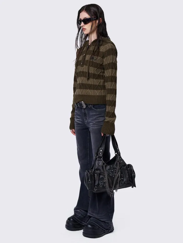 Olive Striped Knitted Hoodie Women Minga London Knitwear