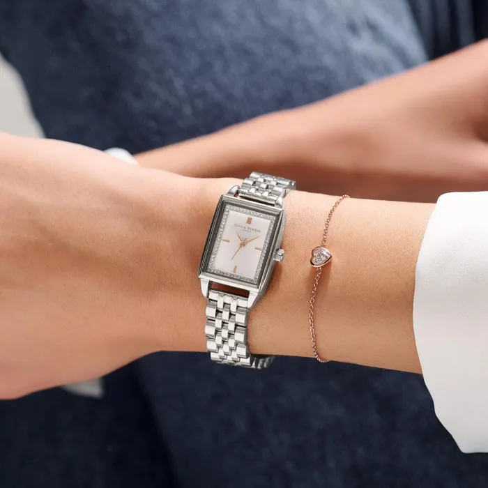 Olivia Burton White Dial Watches Women 21mm Rectangle White and Silver Bracelet Watch