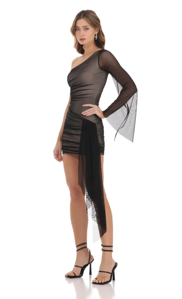 One Shoulder Mesh Tassel Dress Black Women LUCY IN THE SKY Mini Dresses