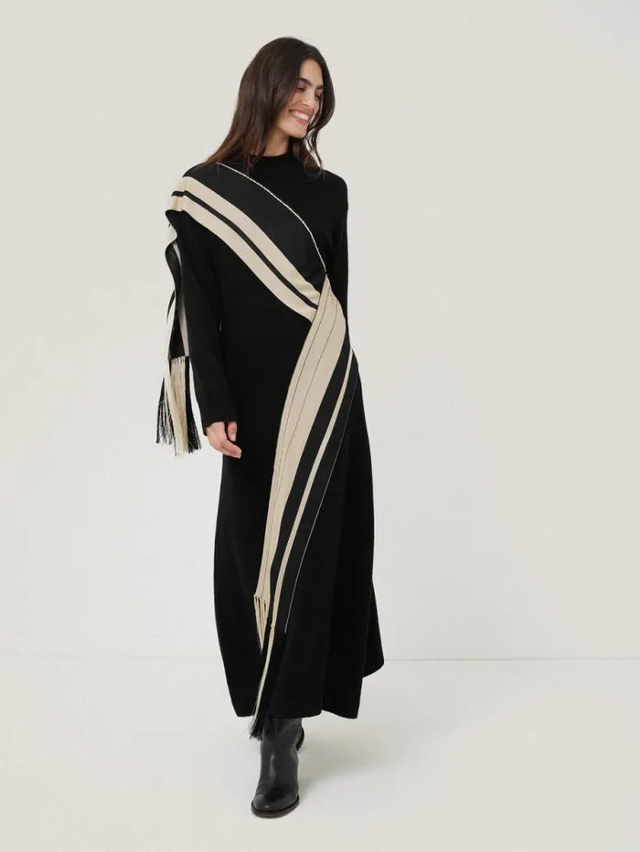 Opera Scarf Knitted Dress Black Women Jigsaw Dresses and Jumpsuits