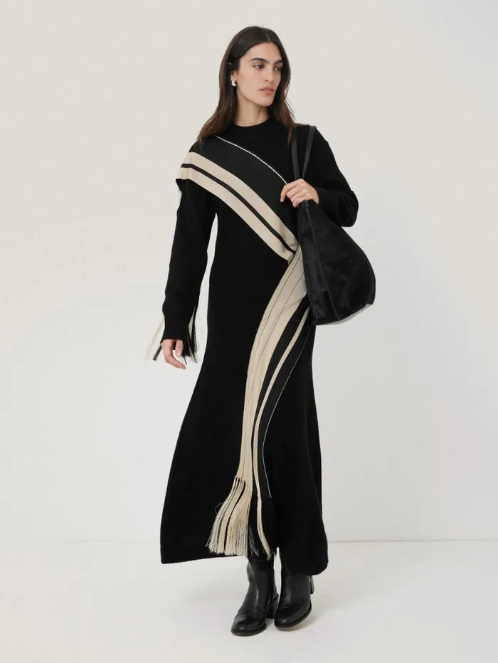 Opera Scarf Knitted Dress Black Women Jigsaw Dresses and Jumpsuits