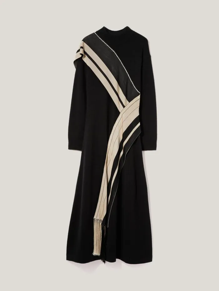 Opera Scarf Knitted Dress Black Women Jigsaw Dresses and Jumpsuits