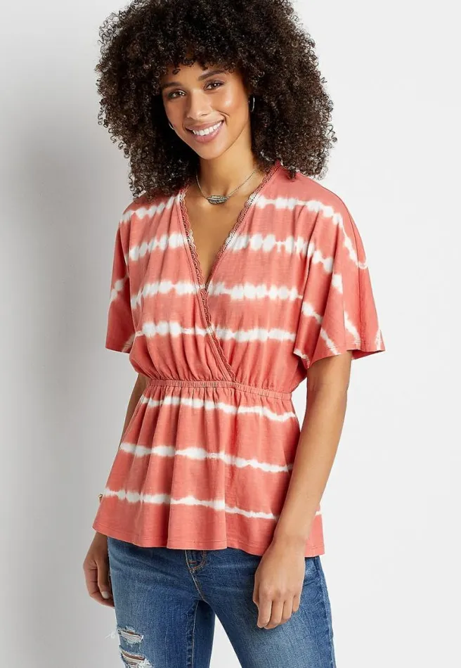 Orange Tie Dye Wrap Short Sleeve Top Women Maurices Tops