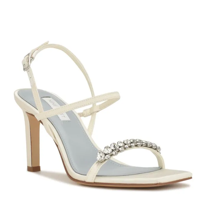 Oreece Heeled Slingback Sandals Ivory Satin Crystal Women Nine West Heels