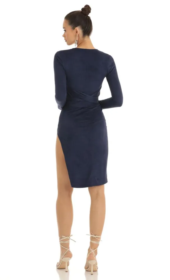 Overa Suede Front Tie Midi Dress Dark Blue Women LUCY IN THE SKY Midi Dresses Overa Suede Front Tie Midi Dress Dark Blue Women LUCY IN THE SKY Midi Dresses
