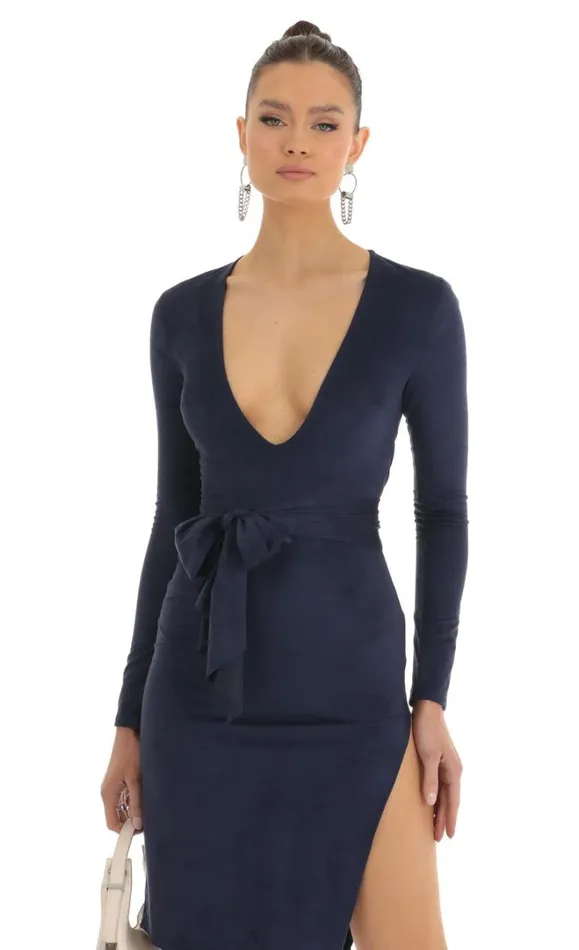 Overa Suede Front Tie Midi Dress Dark Blue Women LUCY IN THE SKY Midi Dresses Overa Suede Front Tie Midi Dress Dark Blue Women LUCY IN THE SKY Midi Dresses