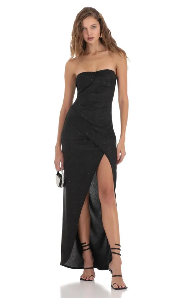 Overlap Shimmer Strapless Dress Black Women LUCY IN THE SKY Maxi Dresses