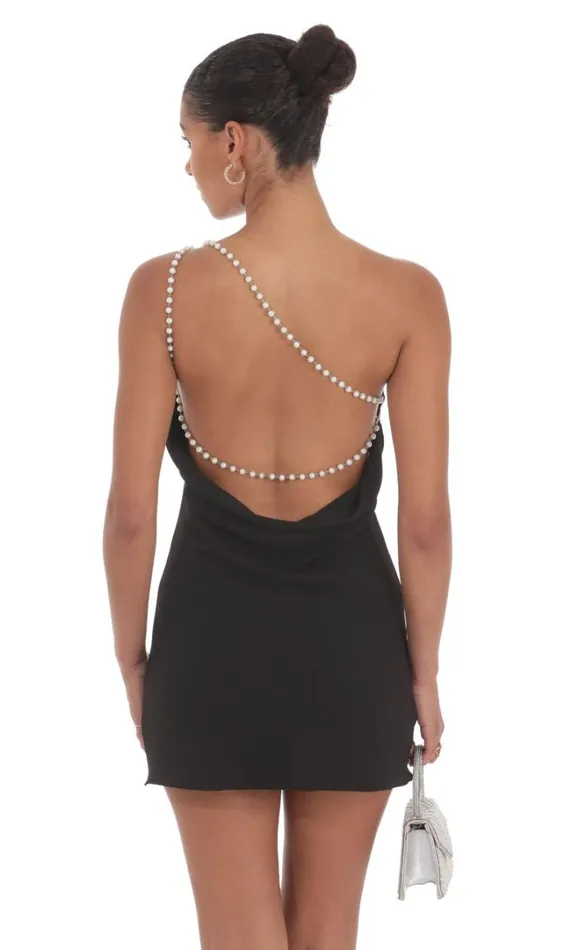 Pearl One Shoulder Satin Dress Black Women LUCY IN THE SKY Mini Dresses
