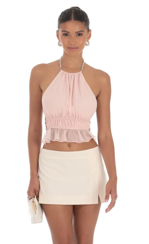 Pearl Shimmer Halter Top Light Pink Women LUCY IN THE SKY Tops