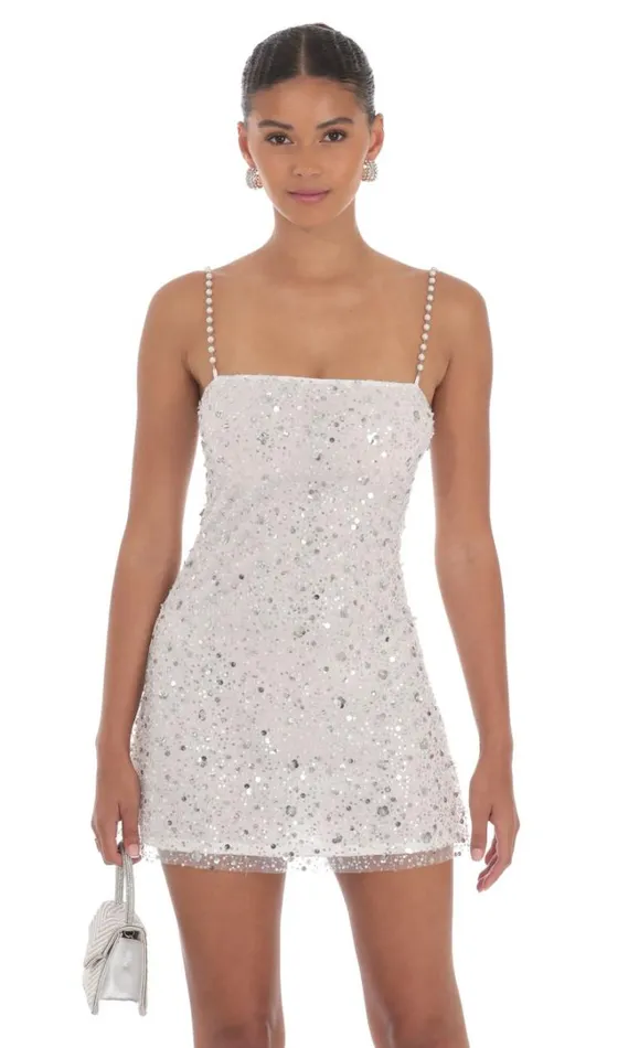 Pearl Strap Sequin Dress White Women LUCY IN THE SKY Mini Dresses