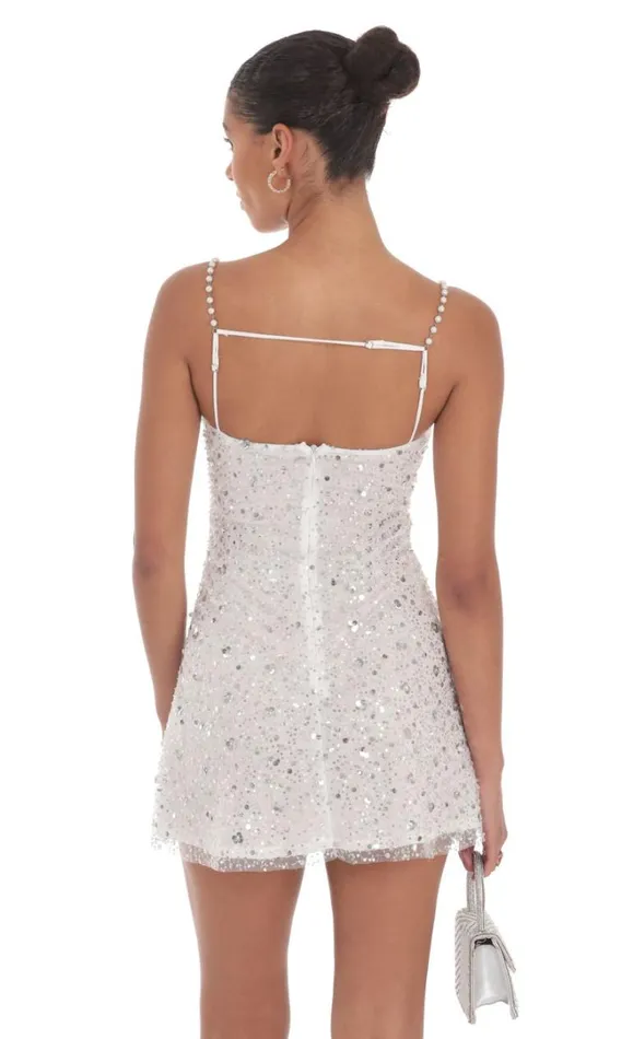 Pearl Strap Sequin Dress White Women LUCY IN THE SKY Mini Dresses