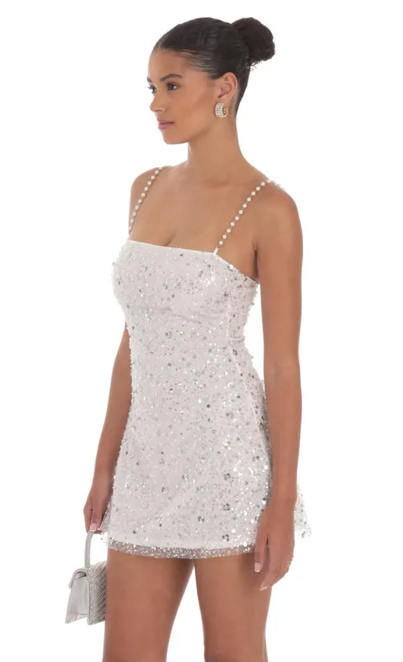 Pearl Strap Sequin Dress White Women LUCY IN THE SKY Mini Dresses