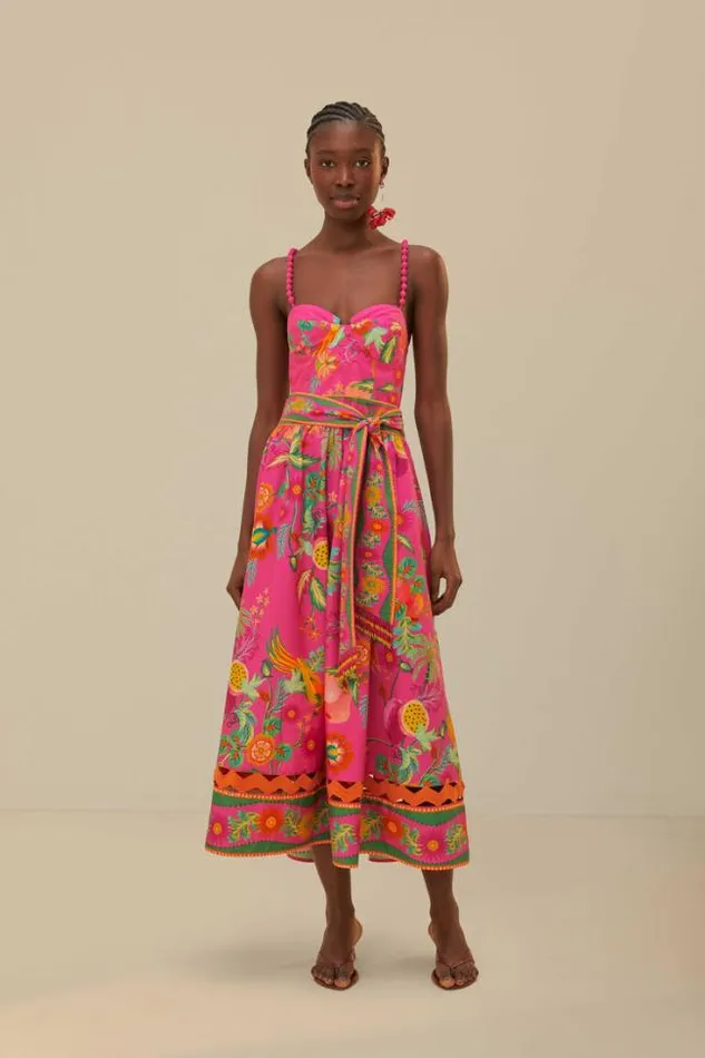 Pink Delicate Fruit Garden Organic Cotton Midi Dress Women FARM Rio Midi Dresses