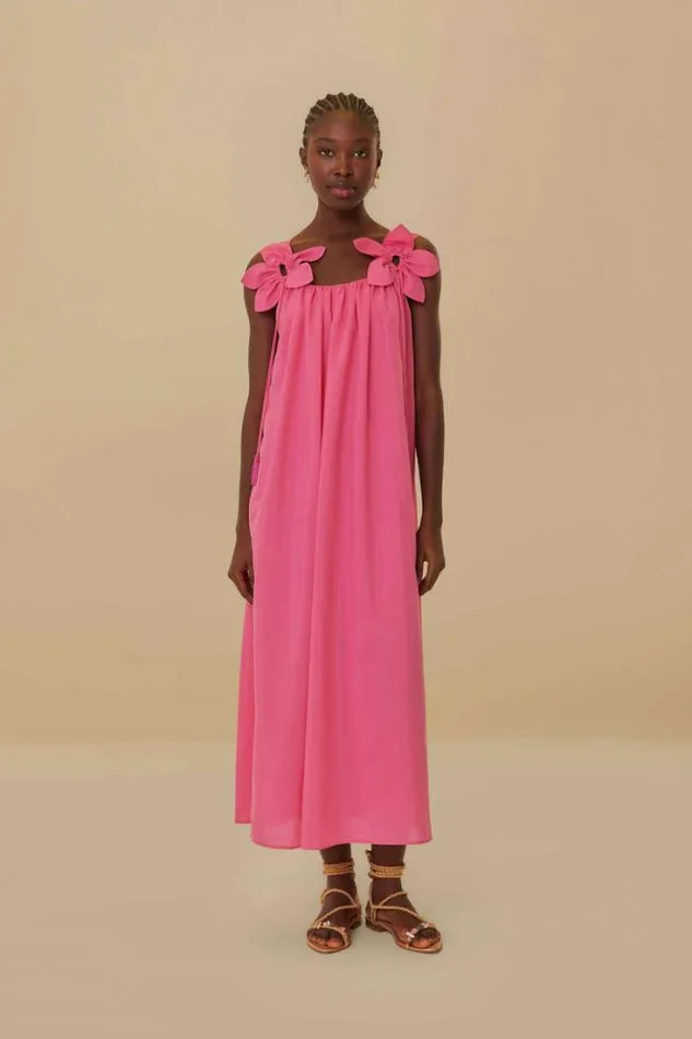 Pink Floral Details Sleeveless Midi Dress Women FARM Rio Maxi Dresses