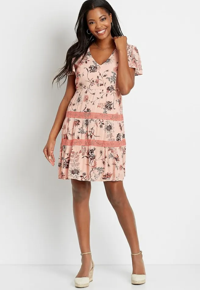 Pink Floral Lace Trim Babydoll Dress Women Maurices Dresses and Jumpsuits